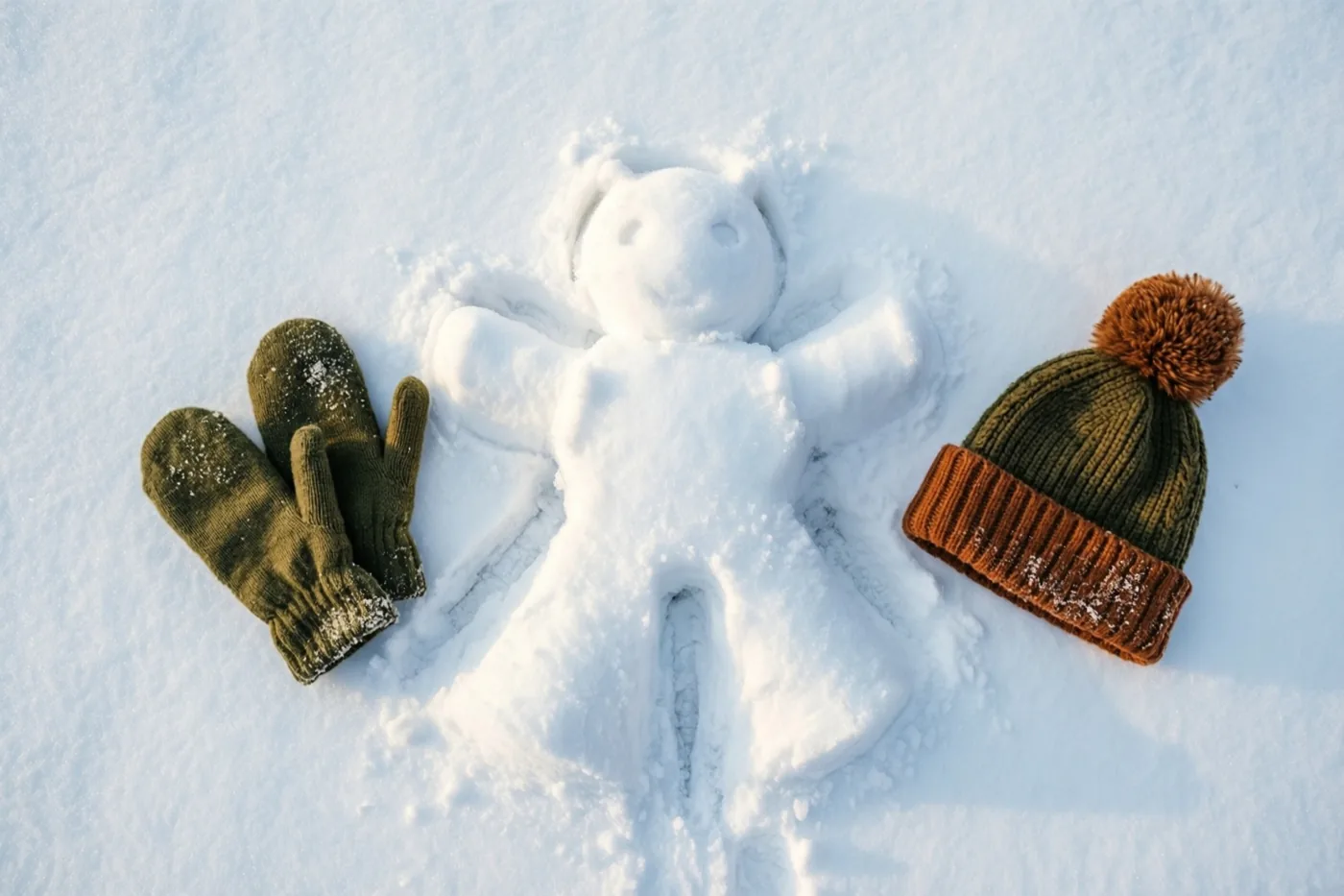 Een sneeuwengel ligt afgetekend in verse witte sneeuw, met groene wanten en een groenbruine pomponmuts ernaast in fel zonlicht.