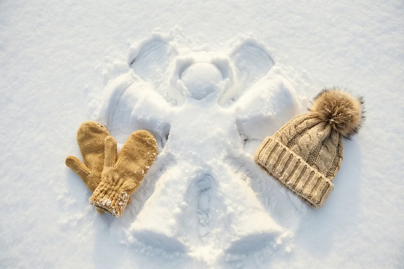 Een sneeuwengel is afgedrukt in verse witte sneeuw, met een paar lichtbruine gebreide wanten en een bijpassende pomponmuts ernaast.