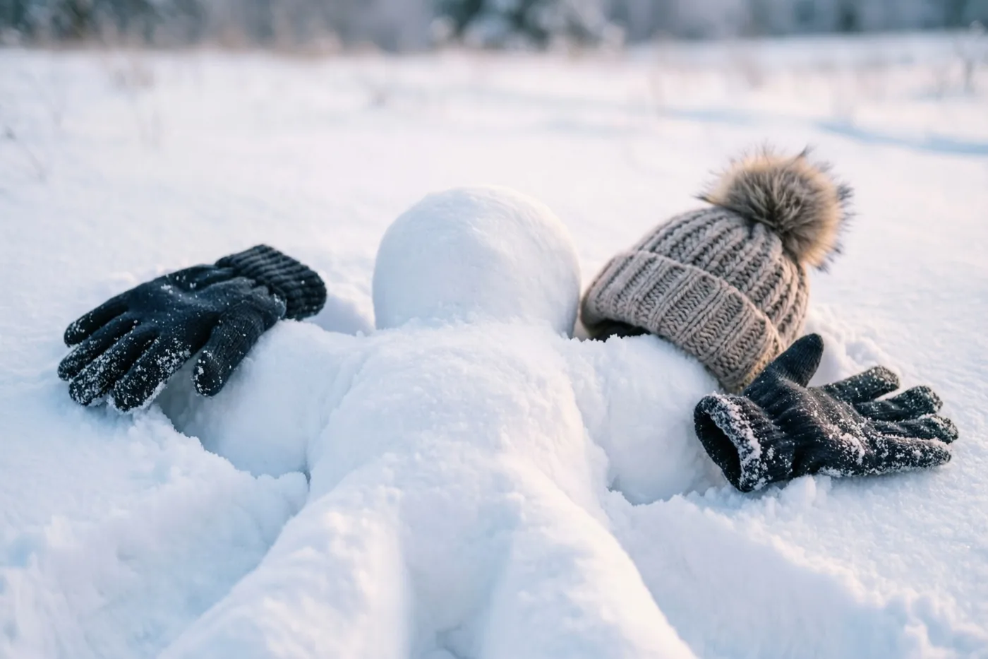 In een besneeuwd veld is een sneeuwengel afgedrukt in verse sneeuw, met zwarte wanten en een beige pomponmuts ernaast in zacht daglicht.