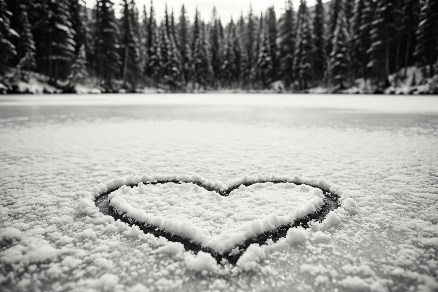 Een zwart-witbeeld toont een hart dat in de sneeuw op een bevroren vijver is getekend, met een dicht dennenbos op de achtergrond.