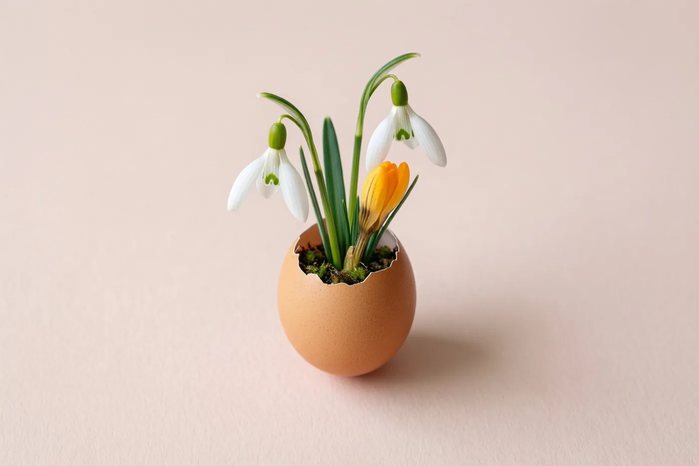 Een gebroken bruine eierschaal dient als vaasje voor witte sneeuwklokjes en een gele krokus tegen een zachtroze achtergrond.
