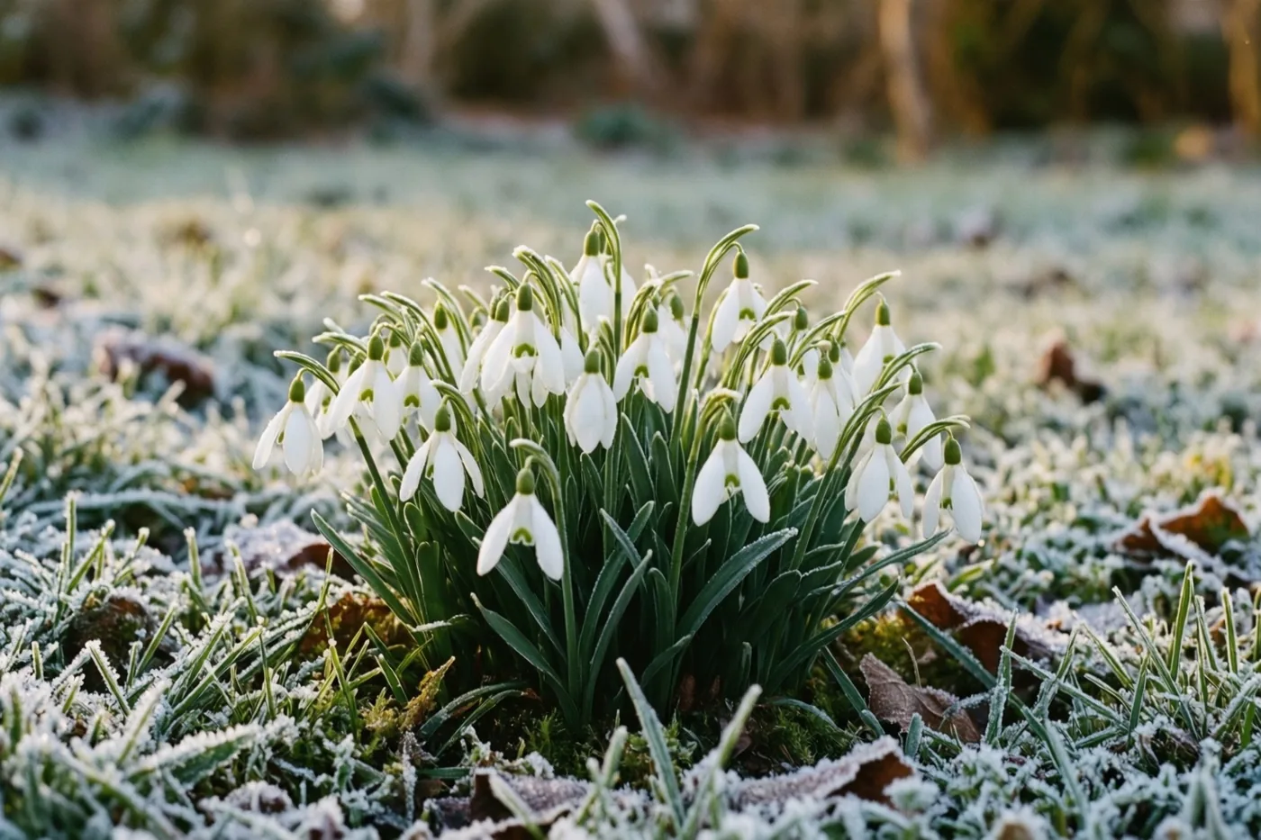 Een groepje witte sneeuwklokjes komt uit berijpt gras in een tuin, met zacht daglicht en wazige bomen op de achtergrond.