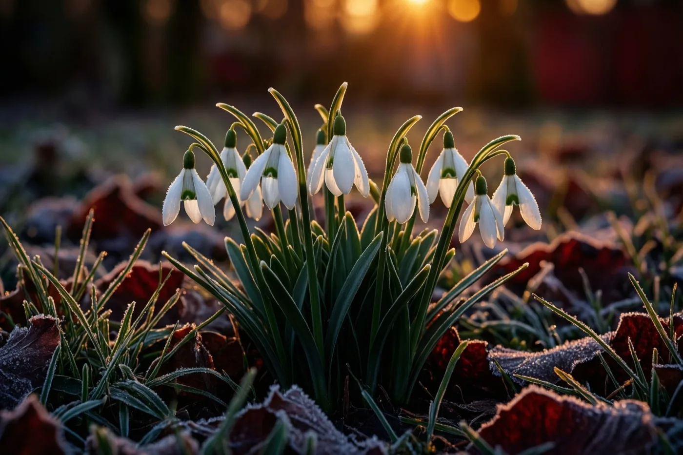 Witte sneeuwklokjes bloeien tussen donkere aarde en bevroren bladeren in een berijpte tuin, met gouden tegenlicht van een lage zon.