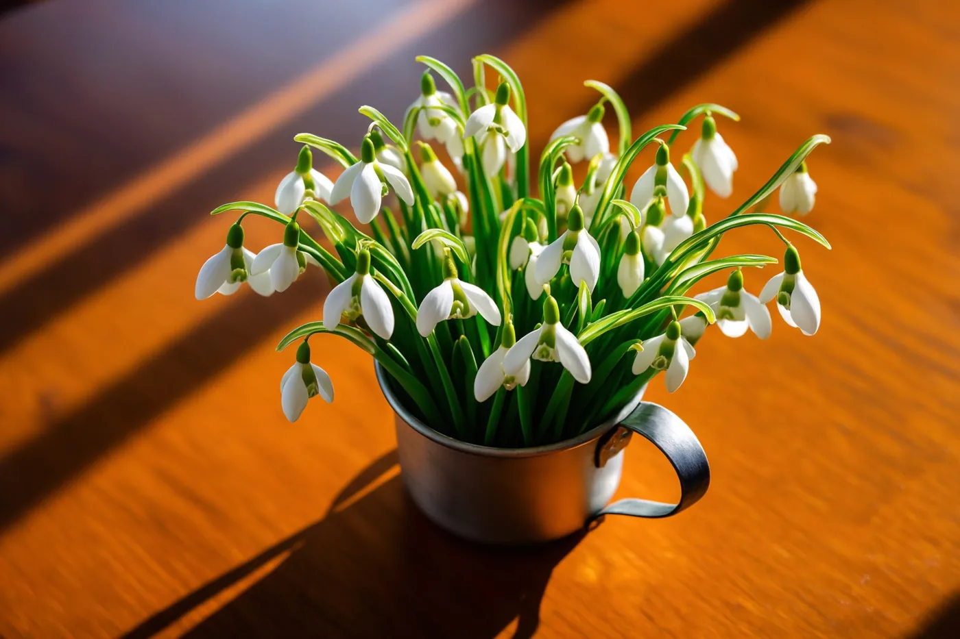 Witte sneeuwklokjes met groene stelen staan in een klein tinnen bekertje op een houten tafel waar zacht zonlicht op valt.