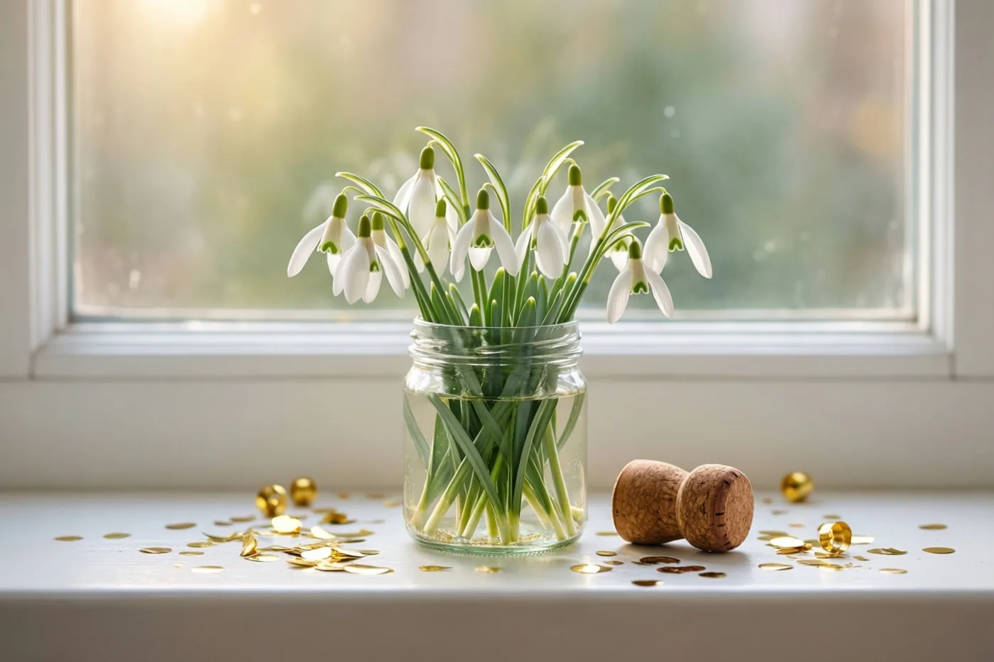 Een glazen pot met sneeuwklokjes staat in het zonlicht op een witte vensterbank tussen gouden confetti en twee champagnekurken.