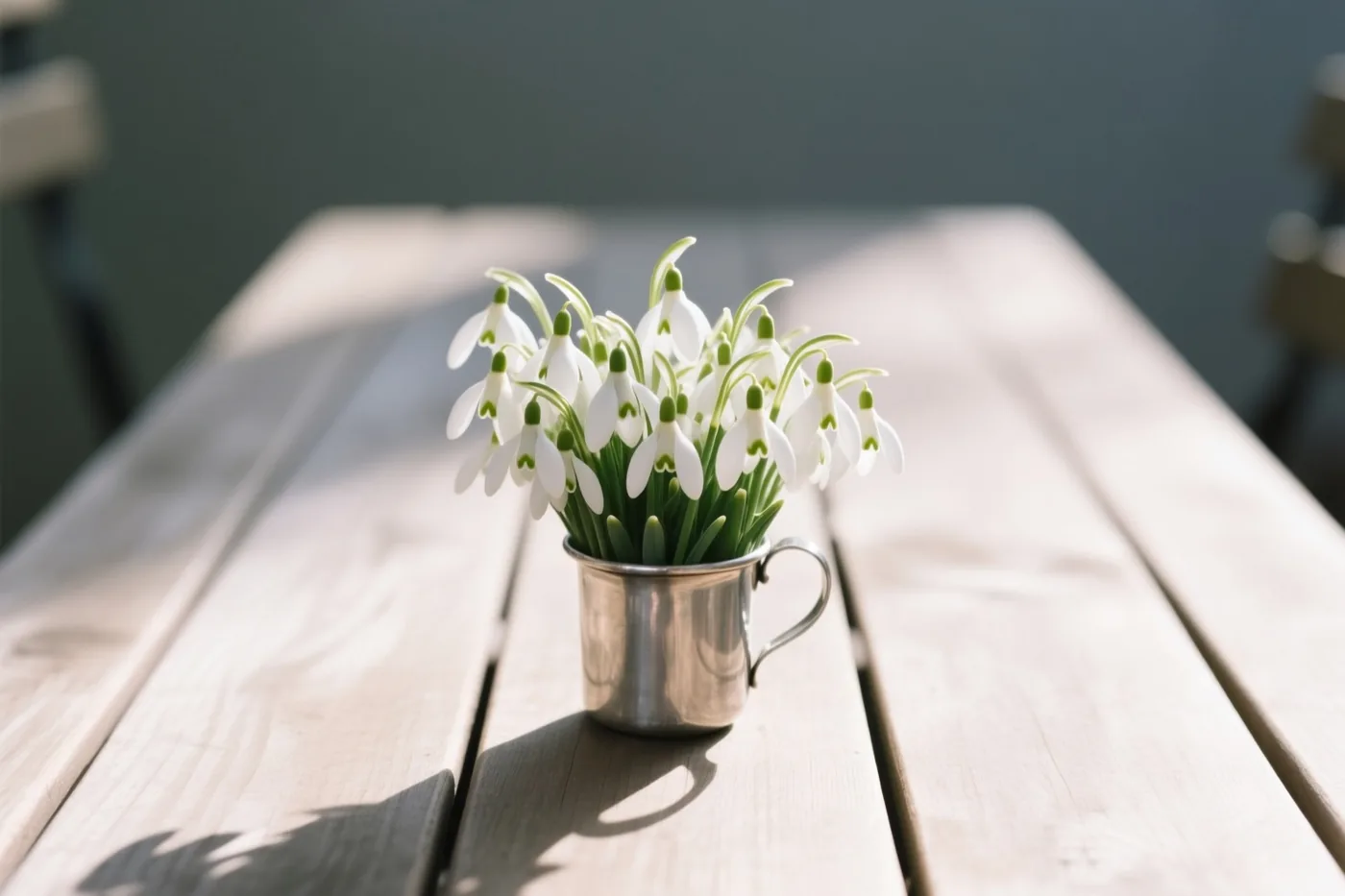 Witte sneeuwklokjes met groene stelen staan in een klein tinnen bekertje op een lichte houten tafel in zacht zonlicht.
