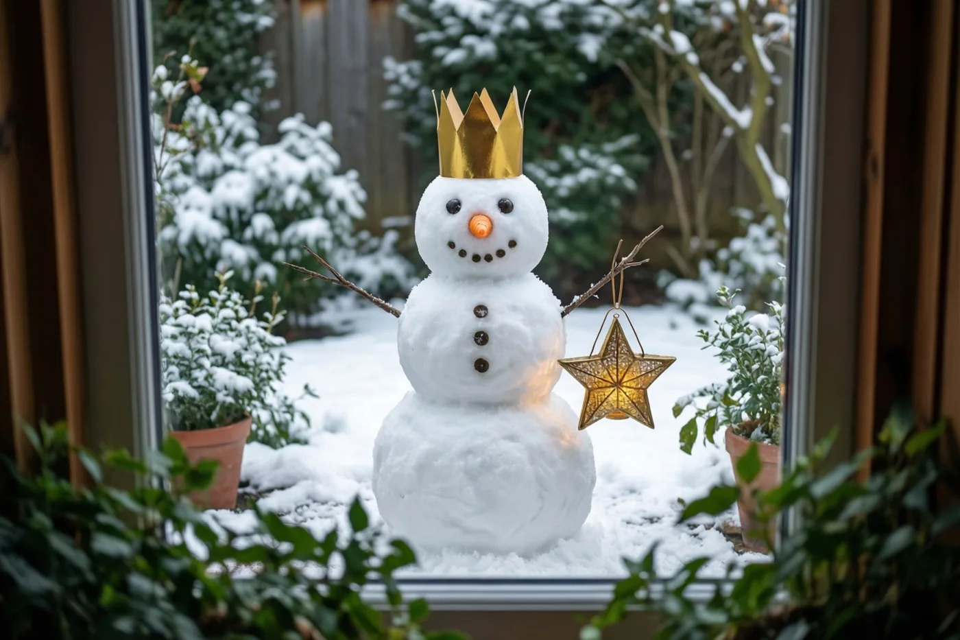 Door een raam met groen binnenshuis erlangs is een sneeuwman met een goudkleurige kroon en een sterlantaarn in een besneeuwde tuin te zien.