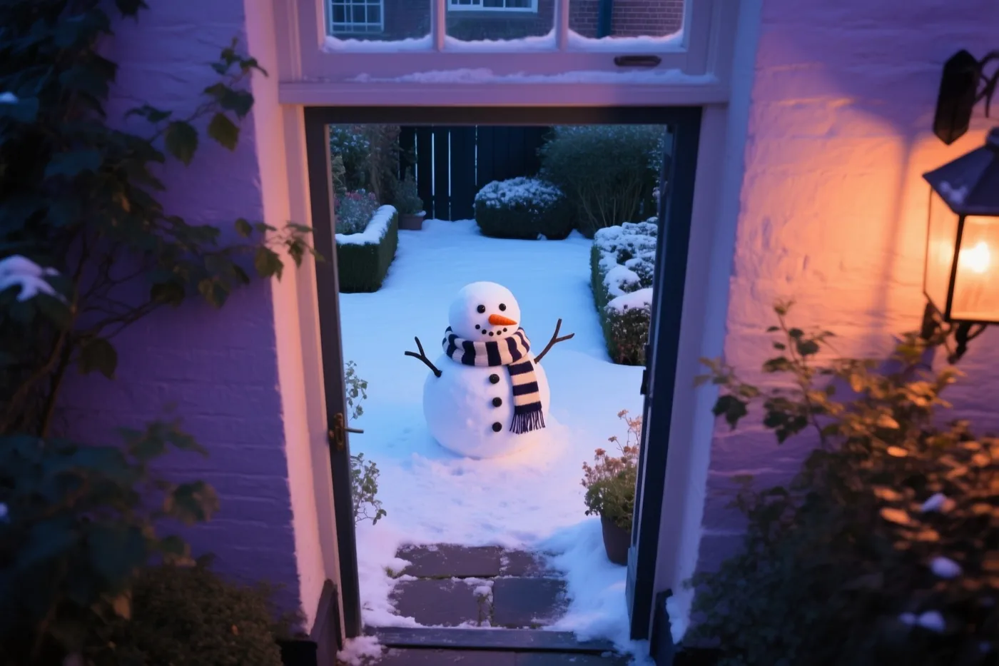 Door een open deur is een sneeuwman met een gestreepte sjaal en wortelneus te zien in een besneeuwde tuin, met warm binnenlicht en paarsblauwe schemering buiten.