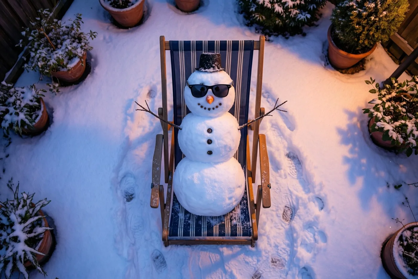 Een sneeuwman met zonnebril en hoge hoed zit in een gestreepte ligstoel in een besneeuwde tuin met besneeuwde potplanten en goudkleurig licht.