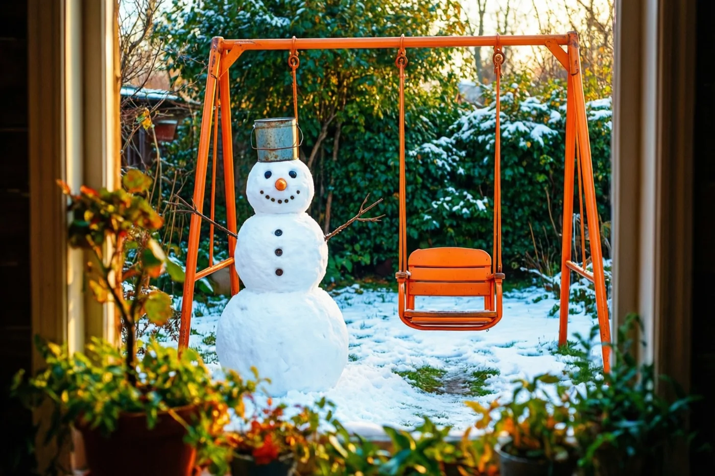 Door een raam met potplanten op de voorgrond zie je een sneeuwman met een blikken emmer als hoed naast een oranje schommel, in warm gouden zonlicht.
