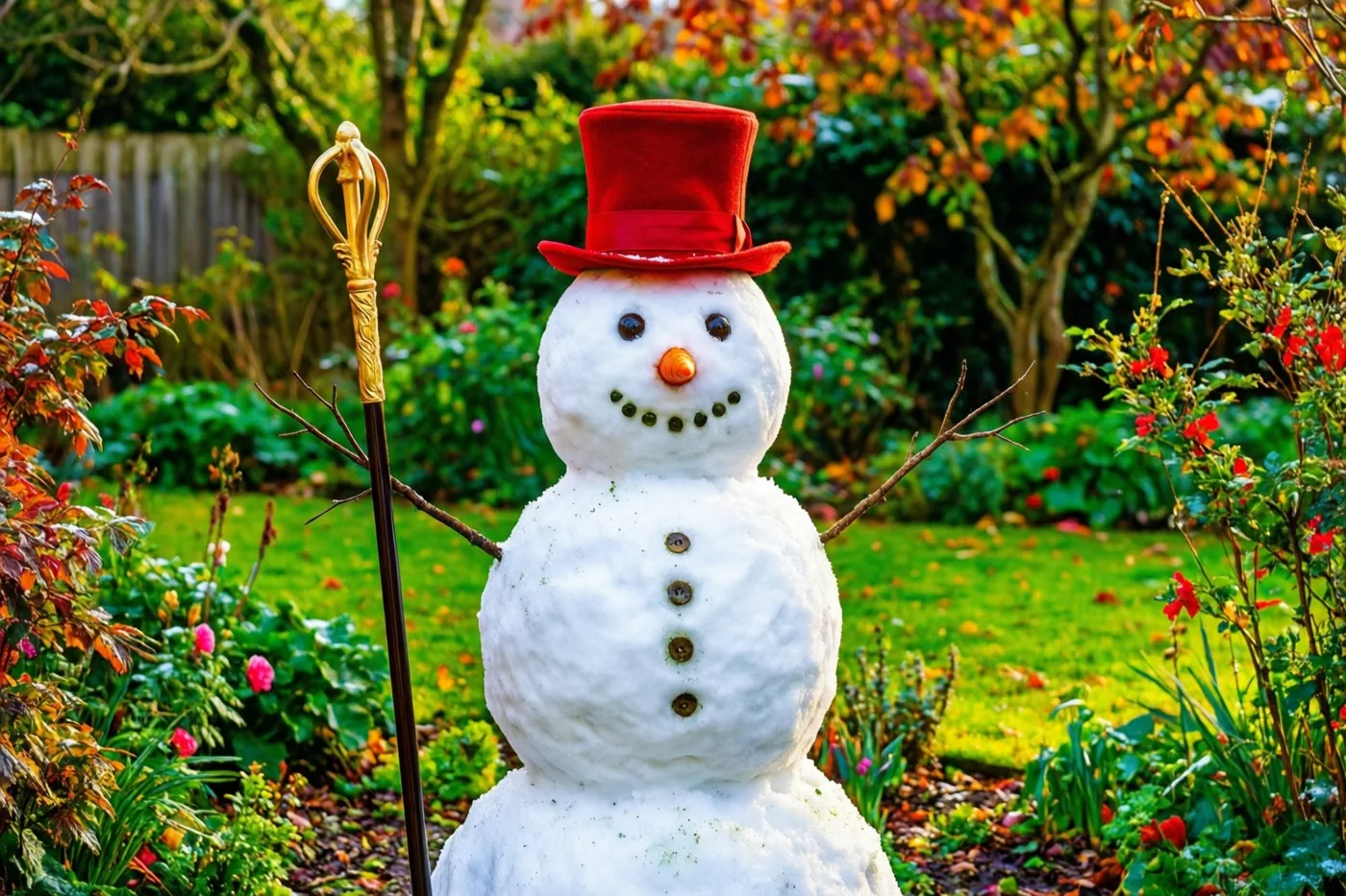Een sneeuwman met een rode hoge hoed en een gouden staf staat in een herfsttuin met kleurrijke bladeren en groen gras.