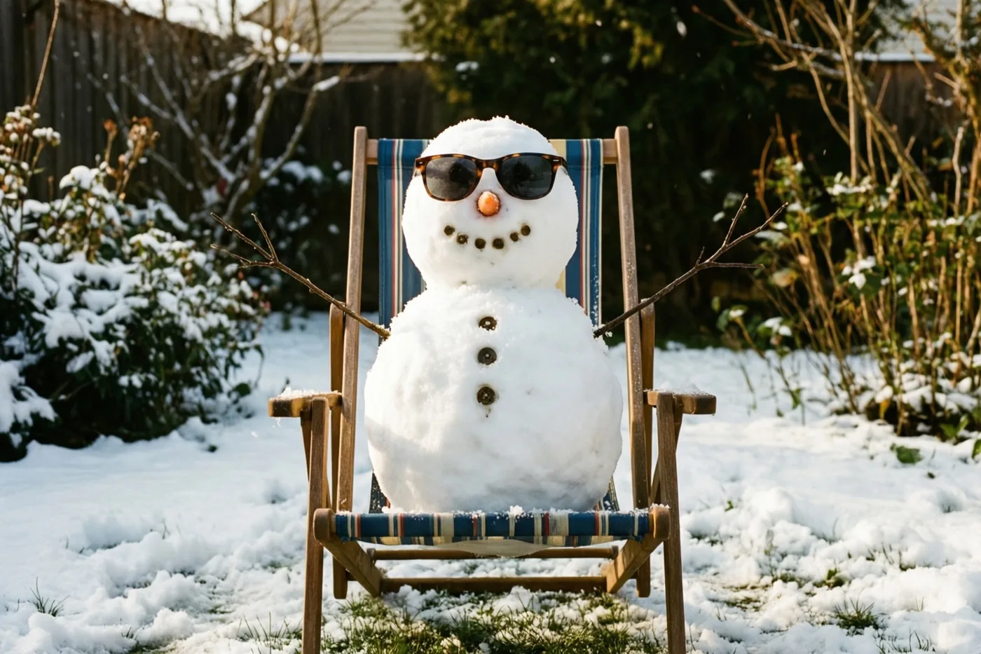 Een sneeuwman met zonnebril zit in een houten ligstoel in een tuin waar de grond en struiken met sneeuw bedekt zijn.