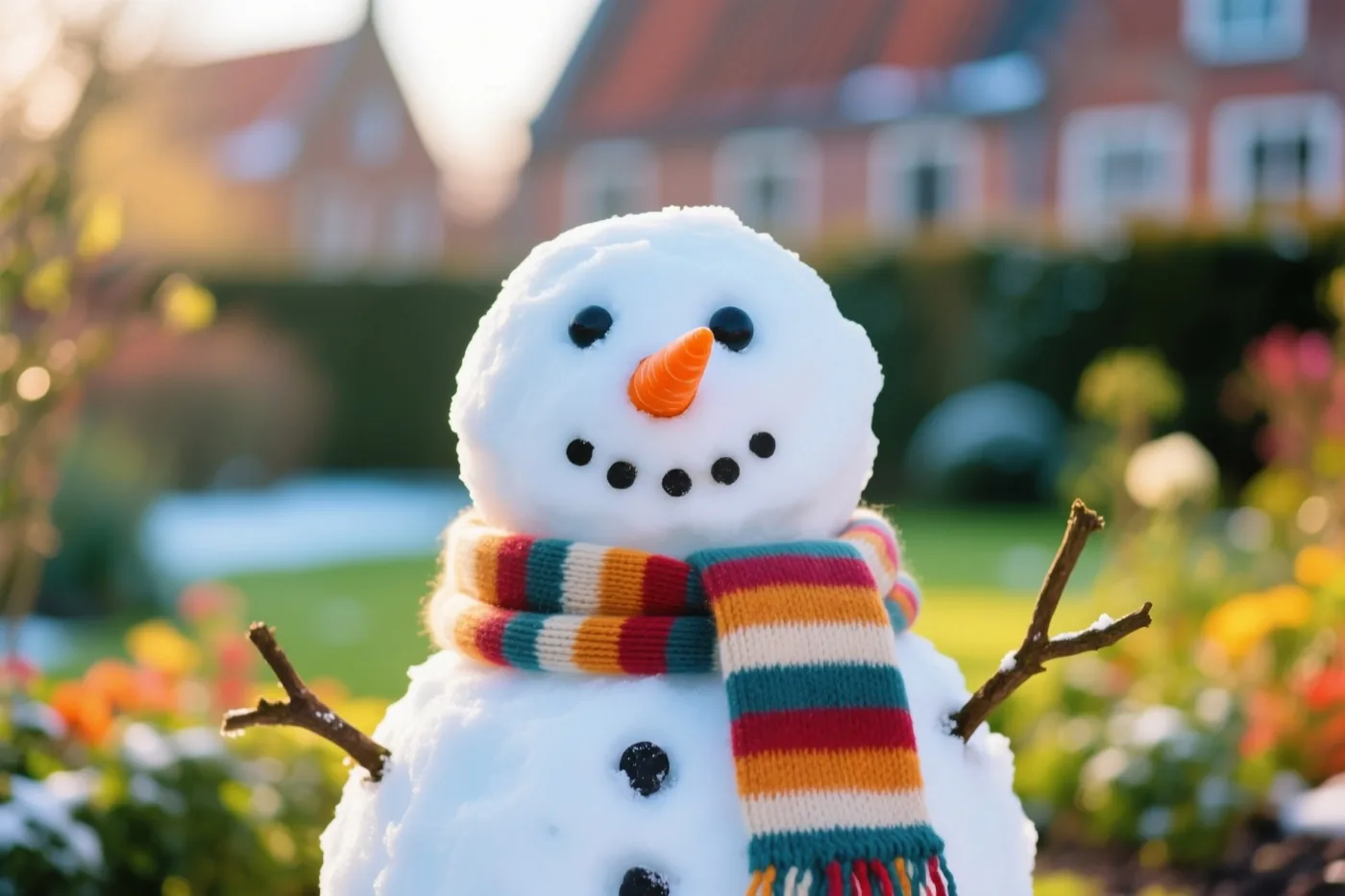 Een sneeuwman met een wortelneus en een kleurrijke gestreepte sjaal staat in een tuin, met een wazig huis en groen in warm zonlicht op de achtergrond.