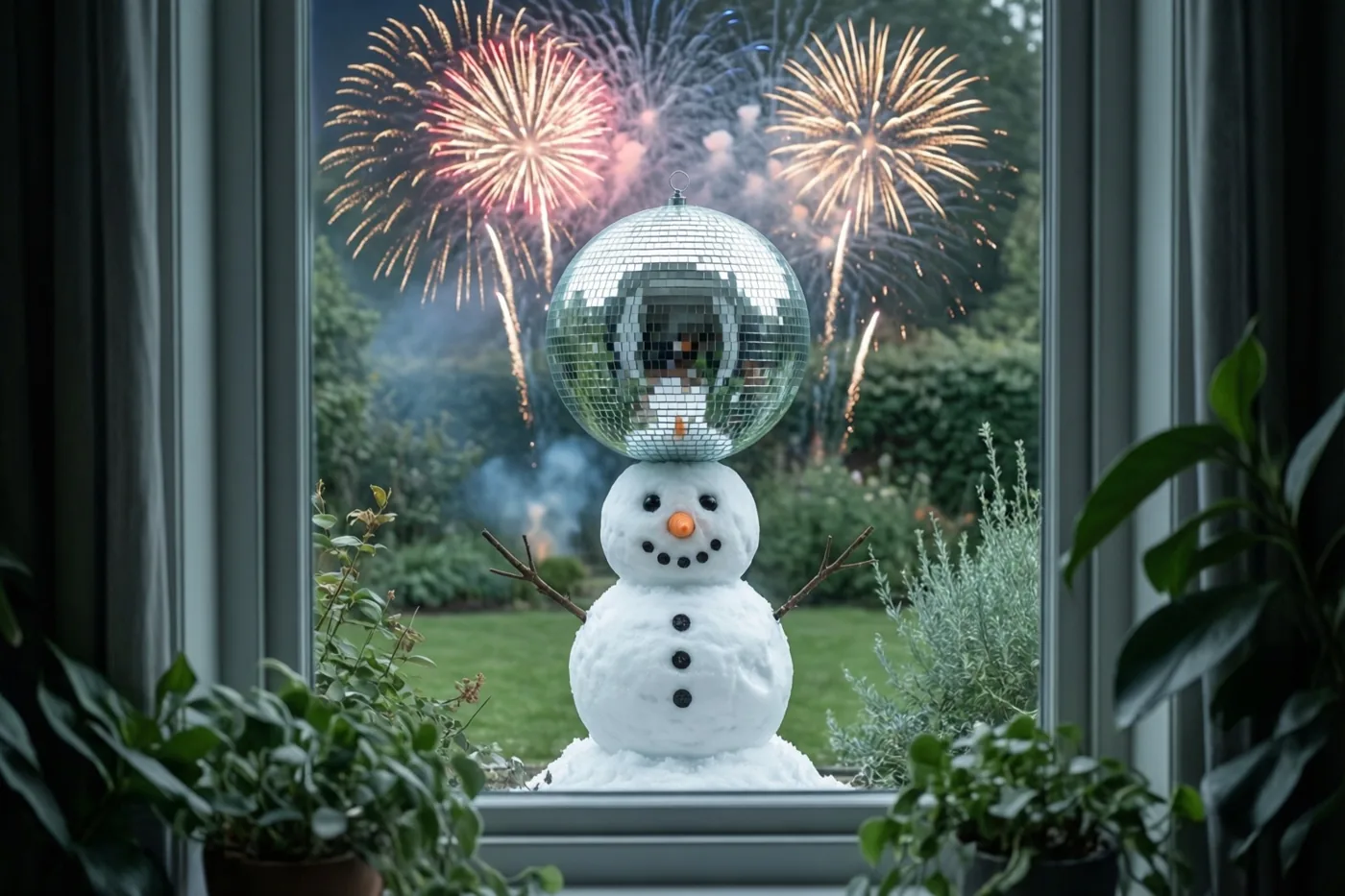 Een sneeuwman met een discobal op zijn hoofd zit op een vensterbank, omlijst door kamerplanten en gordijnen, met vuurwerk in de tuin achter zich.