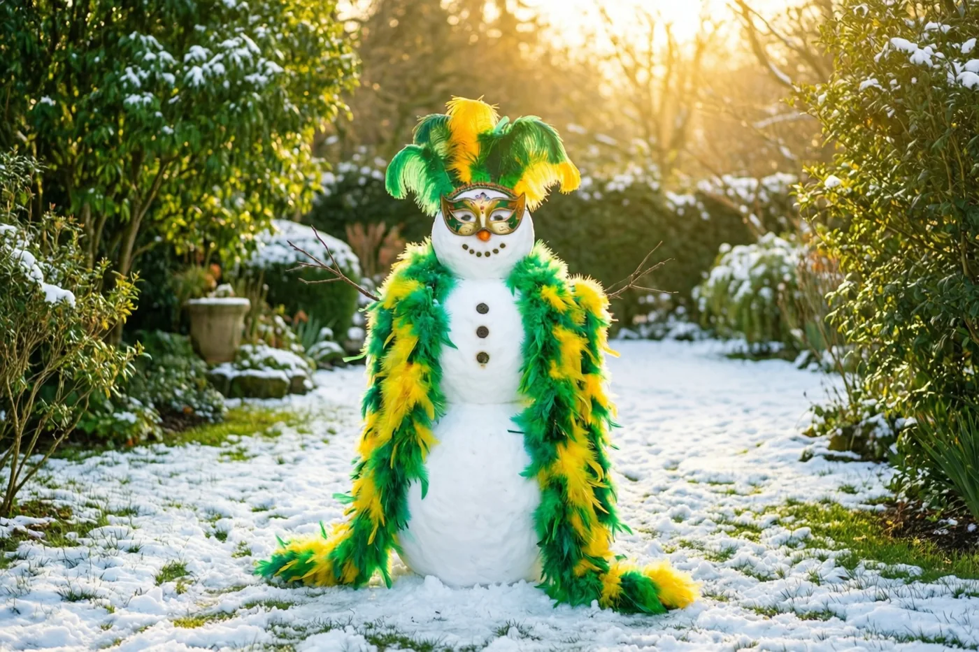 Een sneeuwman met een groen-gele verenboa en een sierlijk masker staat in een besneeuwde tuin, met goudkleurig zonlicht tussen de bomen.