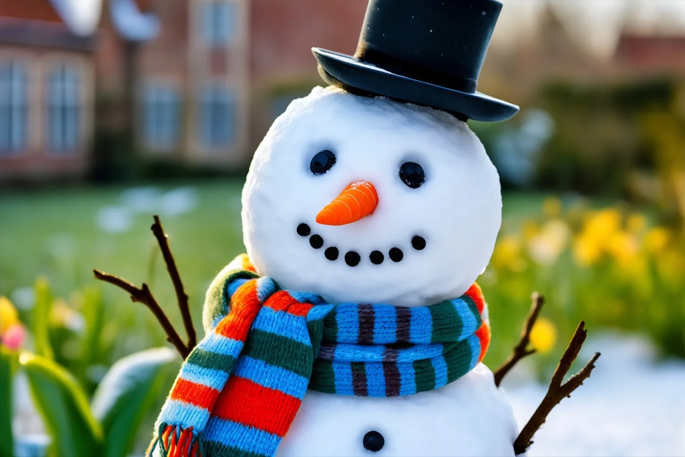 Een sneeuwman met een zwarte hoge hoed en een kleurrijke gestreepte sjaal staat in een tuin met groen gras en gele bloemen.