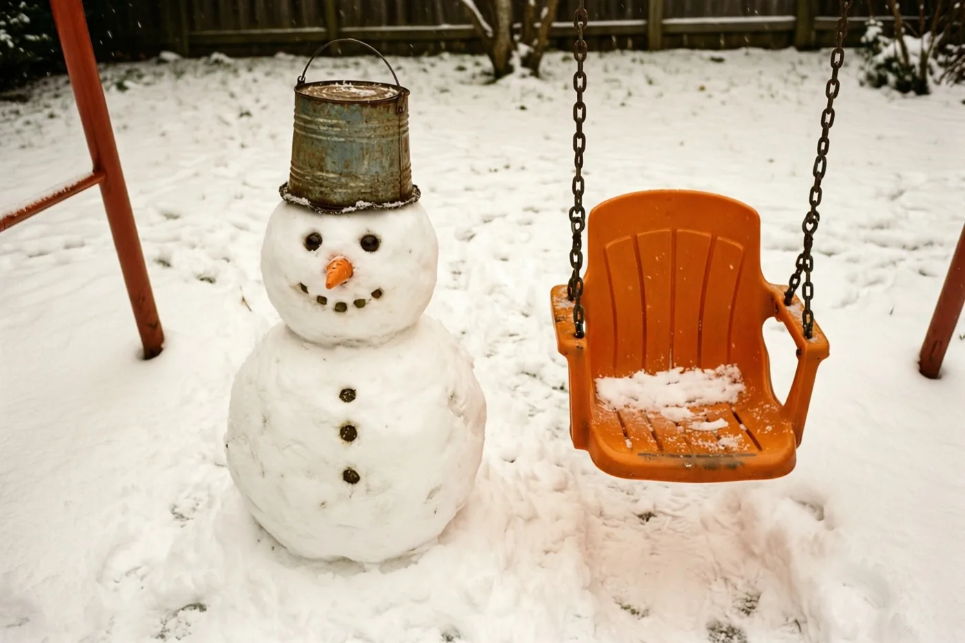 Een sneeuwman met een roestige blikken emmer als hoed staat naast een oranje plastic schommel in een besneeuwde tuin met een houten omheining.