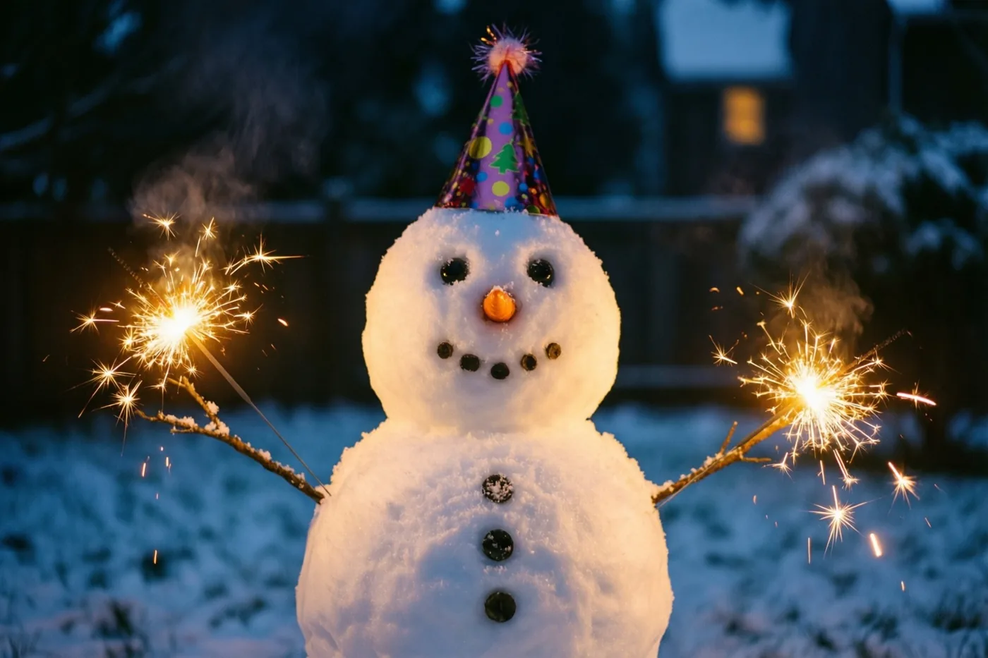 Een sneeuwman met een kleurrijk feesthoedje houdt twee brandende sterretjes in zijn takkenarmen in een besneeuwde nachttuin, tegen een koelblauwe achtergrond.