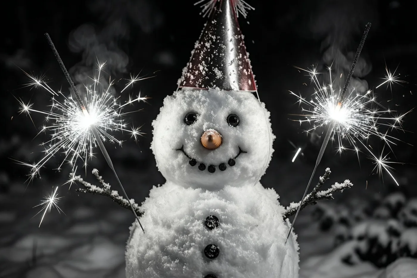 Op een zwart-witfoto staat een sneeuwman met een feesthoedje en twee brandende sterretjes in een besneeuwde nachttuin, met heldere vonken tegen een donkere achtergrond.