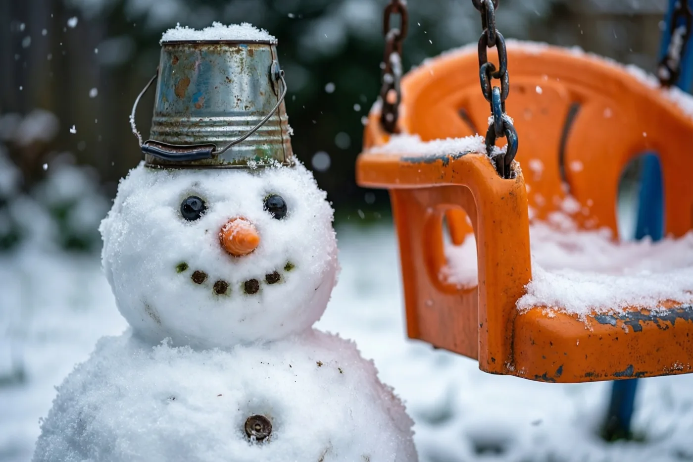 Een sneeuwman met een oude blikken emmer als hoed staat naast een oranje tuinschommel die met sneeuw bedekt is.