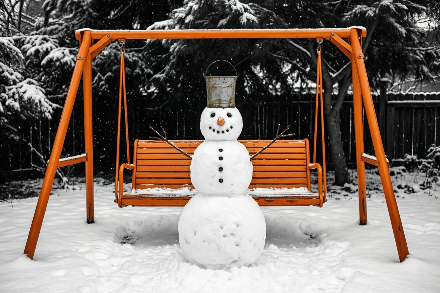 Een sneeuwman met een oude blikken emmer als hoed staat voor een oranje tuinschommel, met besneeuwde bomen op de achtergrond.