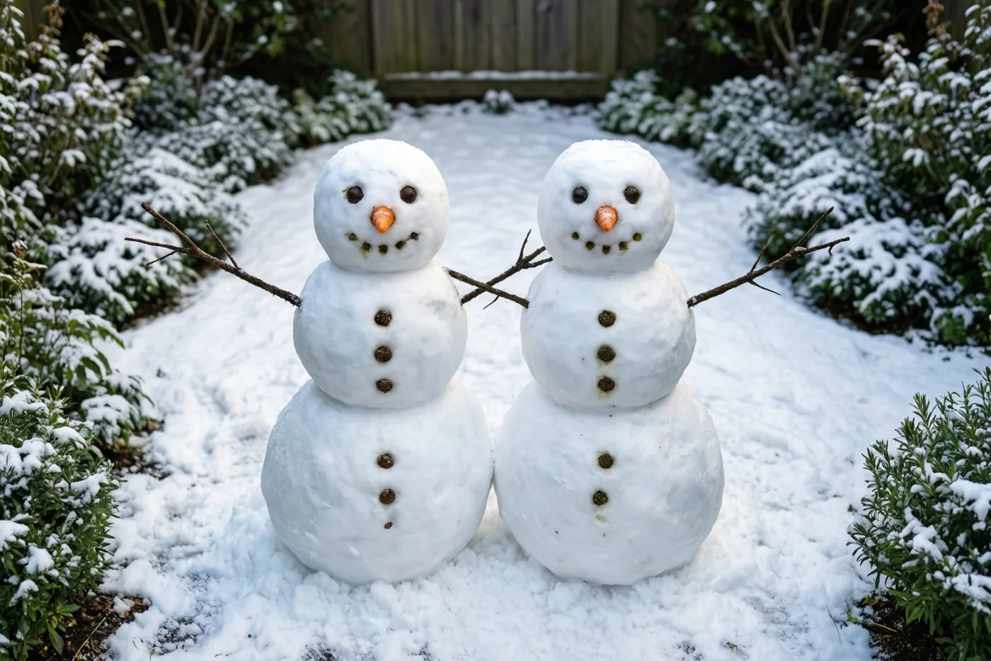 Twee sneeuwmannen met wortelneuzen en takkenarmen omhelzen elkaar in een besneeuwde tuin voor groene struiken met sneeuw en een houten hek.