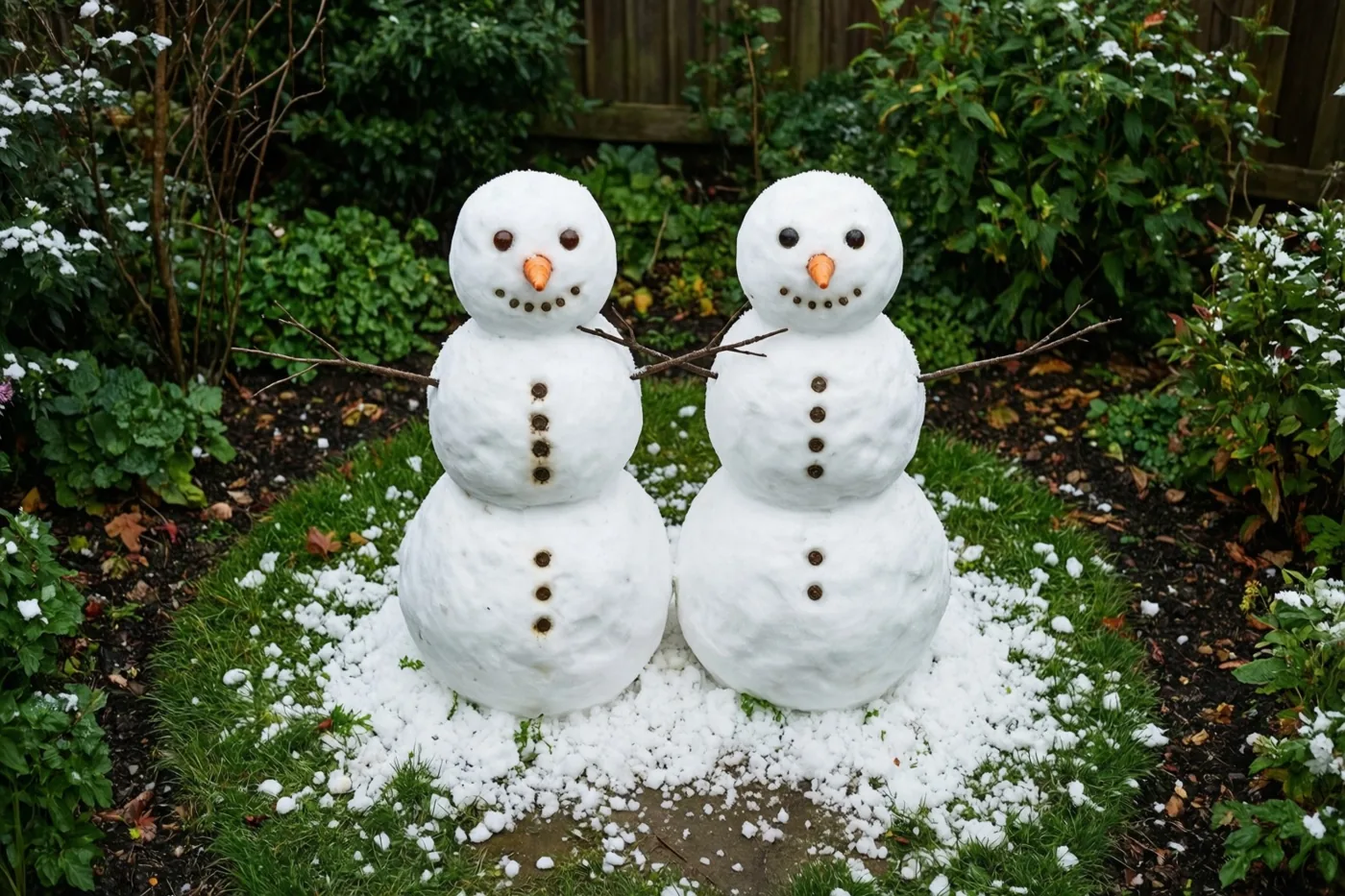 Twee sneeuwmannen staan met hun takkenarmen om elkaar heen in een tuin met verspreide sneeuw op het gras, voor groene struiken en een houten hek.