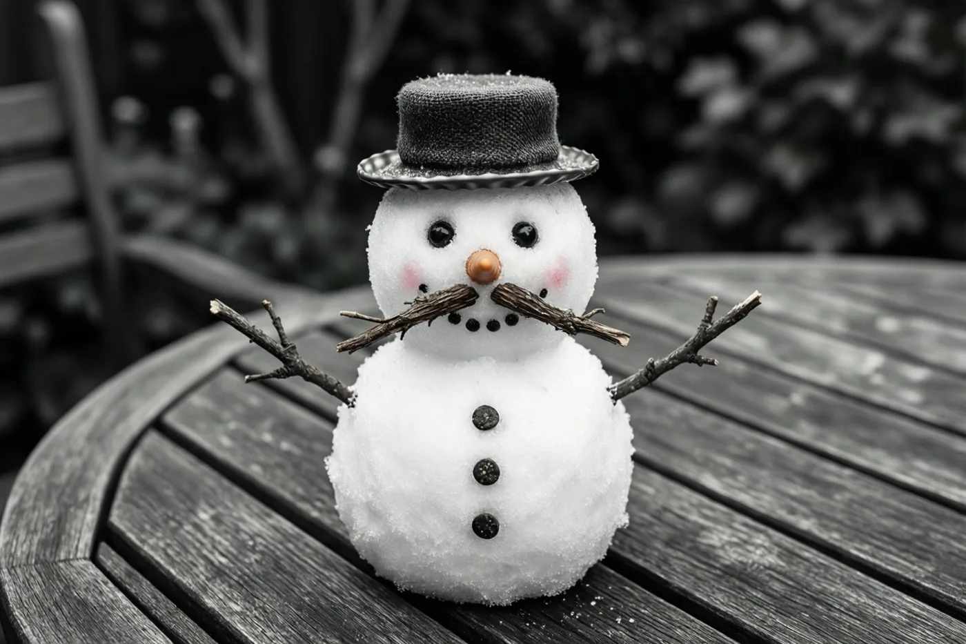 Een kleine sneeuwman met een takjessnor en een flessendop als hoed zit op een houten tuintafel in een zwart-witbeeld met een oranje wortelneus en roze wangen.