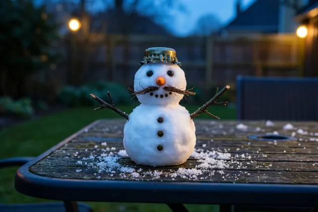 Besnorde sneeuwman bij avondlicht