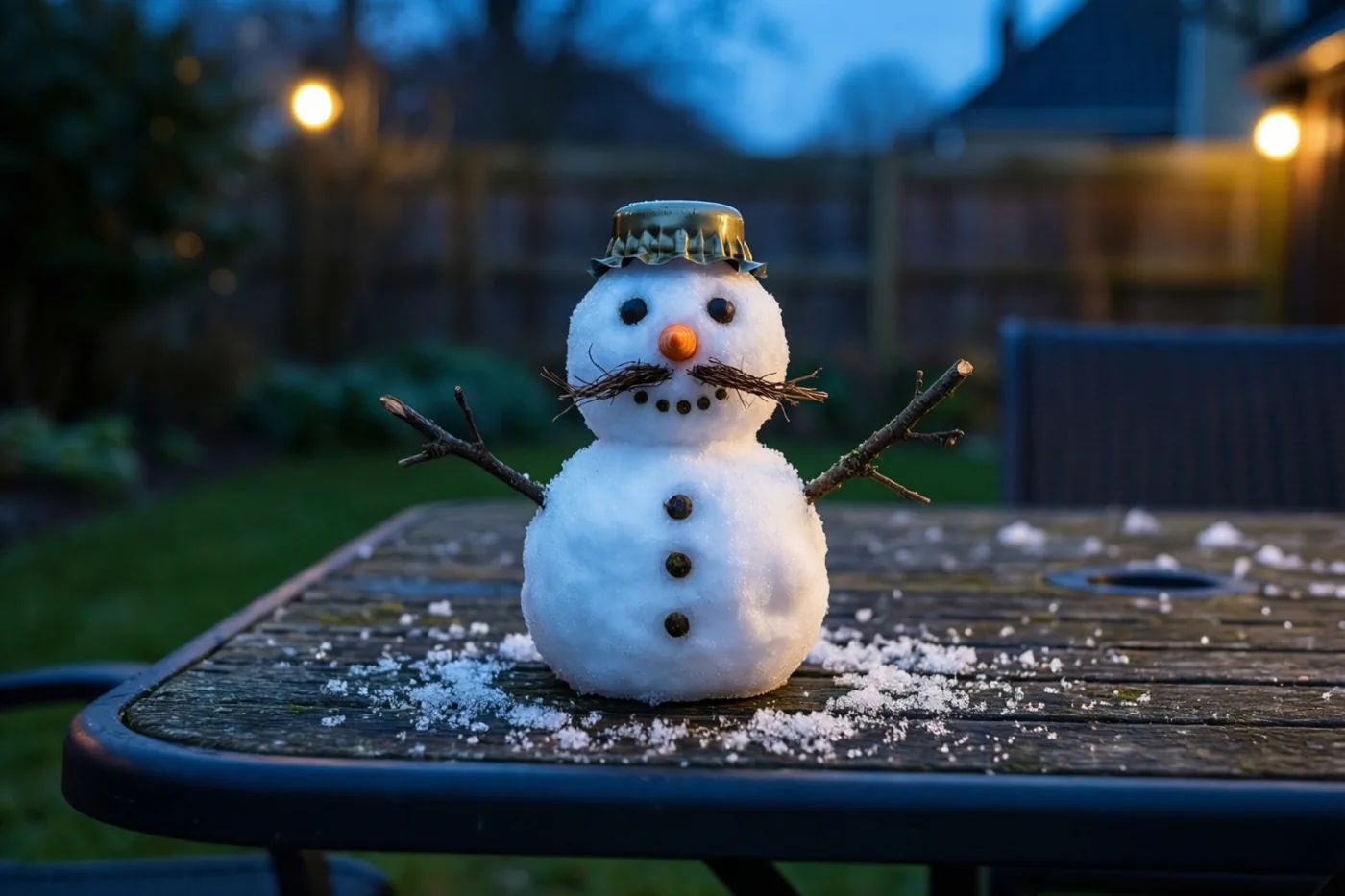 Een kleine sneeuwman met een flessendop als hoed en een snor van takjes zit op een houten tuintafel bij schemering, met warme lichtjes op de achtergrond.