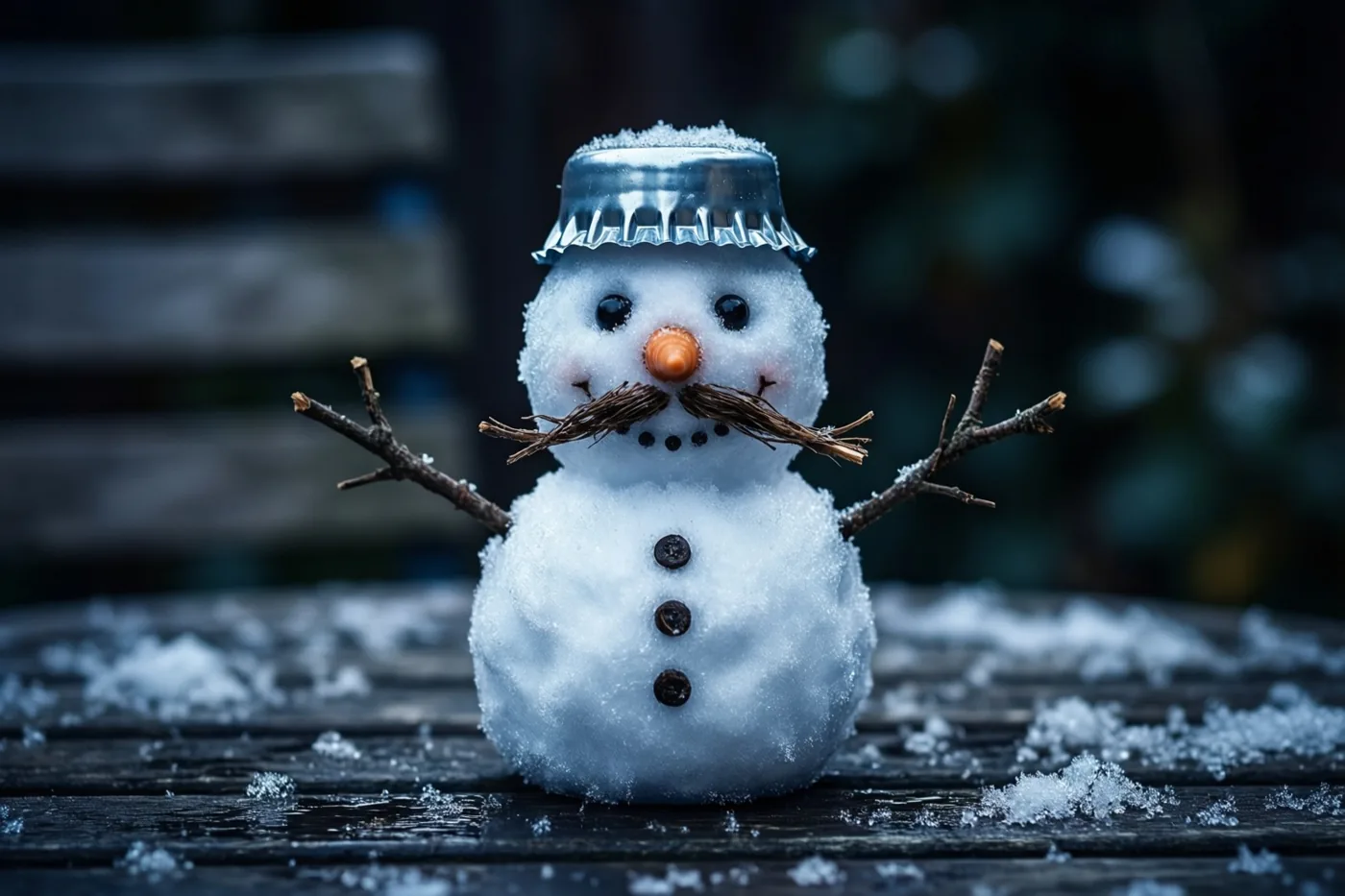 Een kleine sneeuwman met een flessendop als hoed en een snor van takjes zit op een donkere houten tuintafel met verspreide sneeuw in gedempt winters licht.