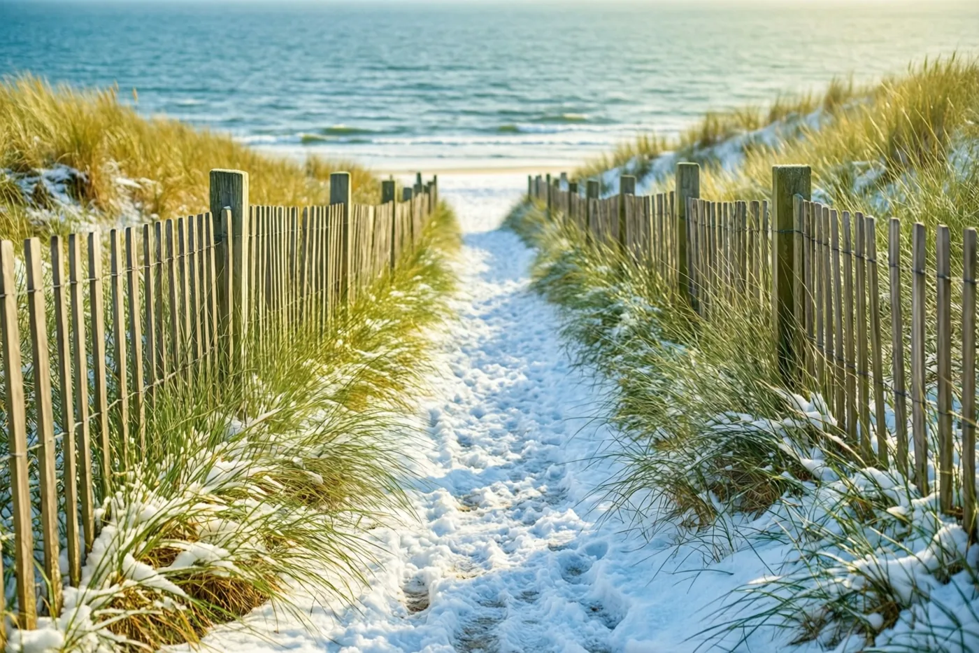 Een besneeuwd pad slingert tussen houten omheiningen door met gras begroeide duinen naar zee, in zacht gouden zonlicht.