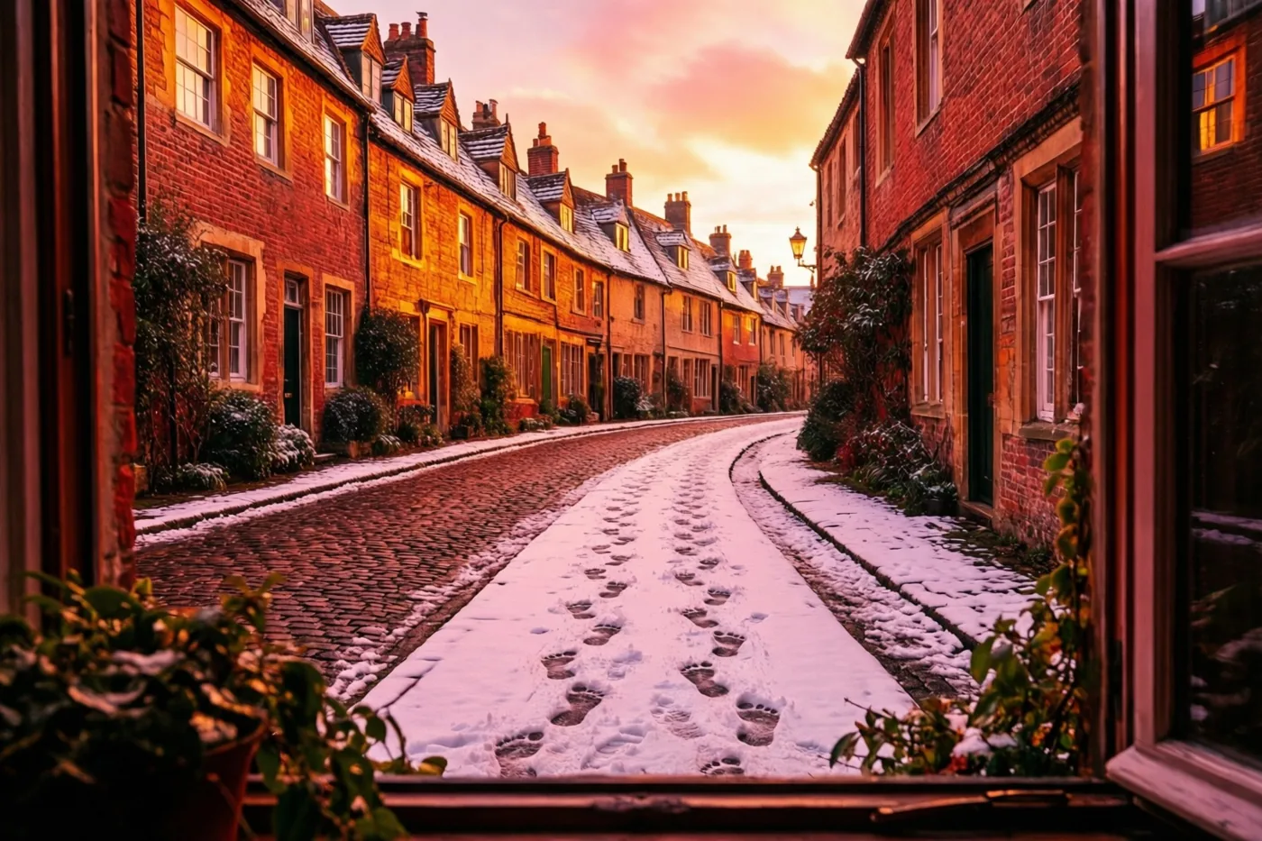 Vanuit een raam is een besneeuwde kasseistraat te zien met twee reeksen voetstappen naast elkaar, tussen rode bakstenen trapgevelhuizen in warm zonsondergangslicht.
