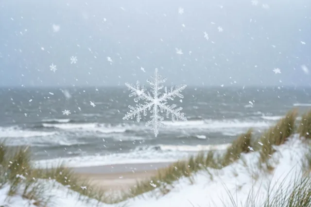 De kust onder sneeuwvlokken