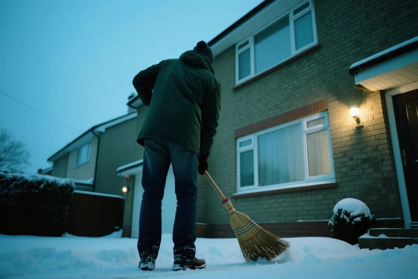 Een persoon veegt, van achteren gezien, sneeuw met een bezem voor een bakstenen rijhuis in blauwe schemertinten en warmgeel licht van een wandlamp.