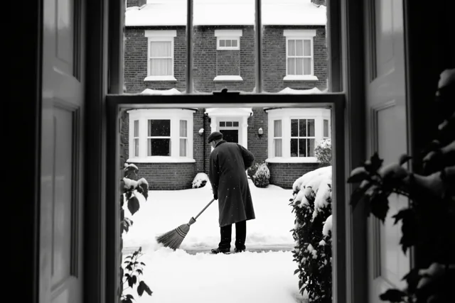 Door een raamkozijn is van achteren een persoon te zien die met een bezem sneeuw veegt voor een bakstenen rijhuis, in zwart-wit.