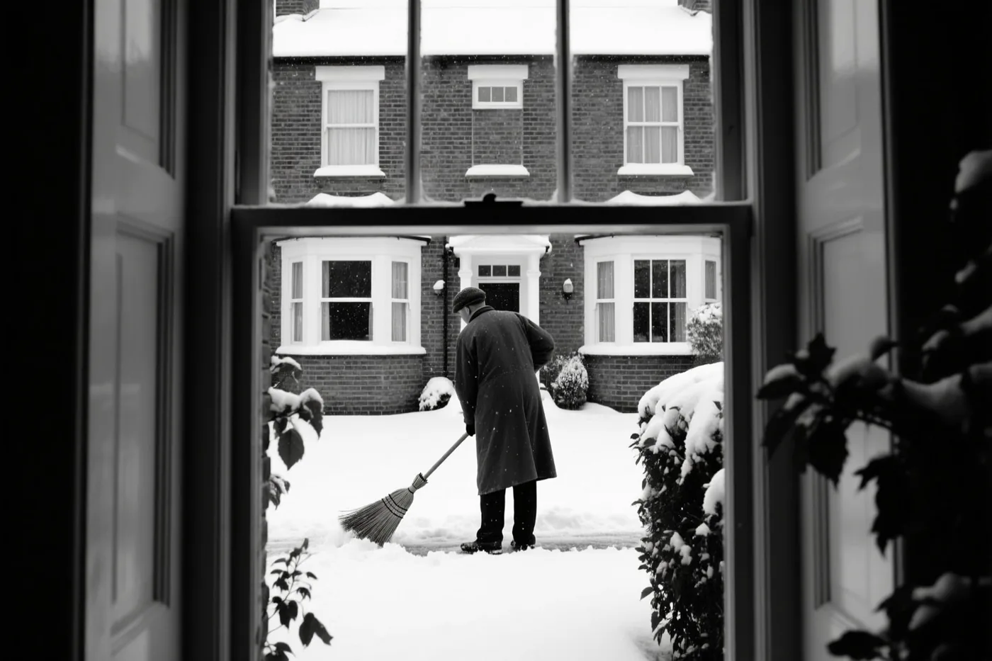 Door een raamkozijn is van achteren een persoon te zien die met een bezem sneeuw veegt voor een bakstenen rijhuis, in zwart-wit.