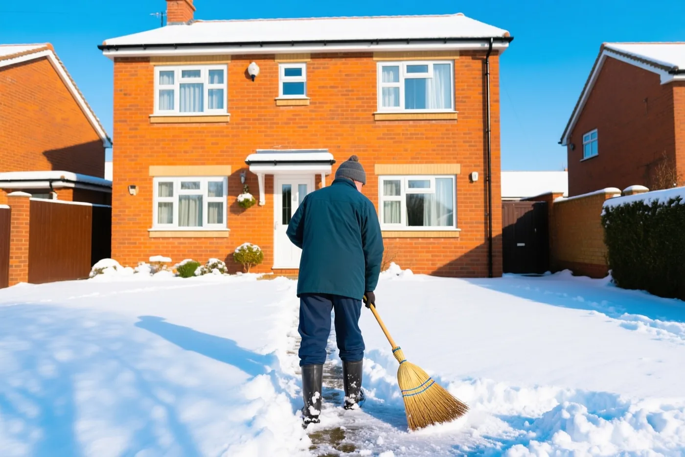 Een persoon veegt, van achteren gezien, met een bezem sneeuw van een pad voor een rood bakstenen rijhuis onder een helderblauwe lucht.