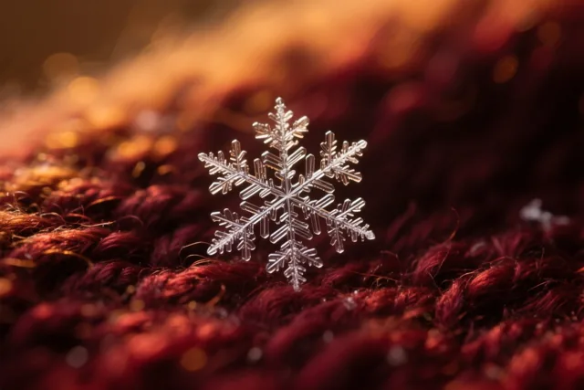Een fijne sneeuwvlok ligt op donkere wol met een duidelijke structuur, verlicht in gouden en dieprode tinten.