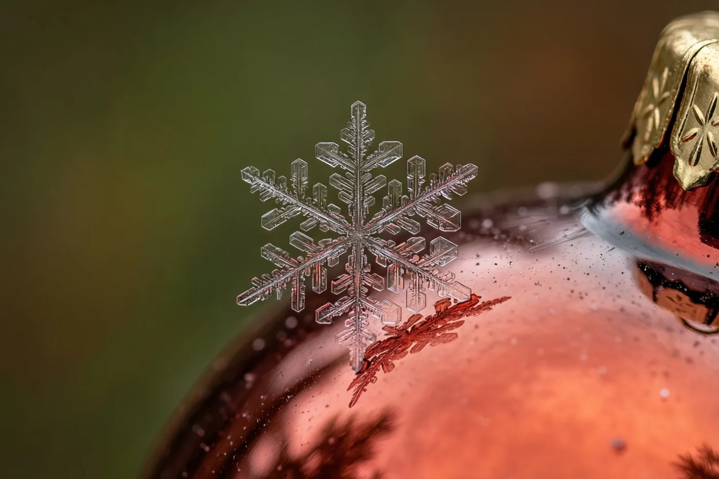 Een fijne sneeuwvlok rust op de ronde kant van een glanzende rode glazen kerstbal, tegen een wazige achtergrond in groene en bruine tinten.