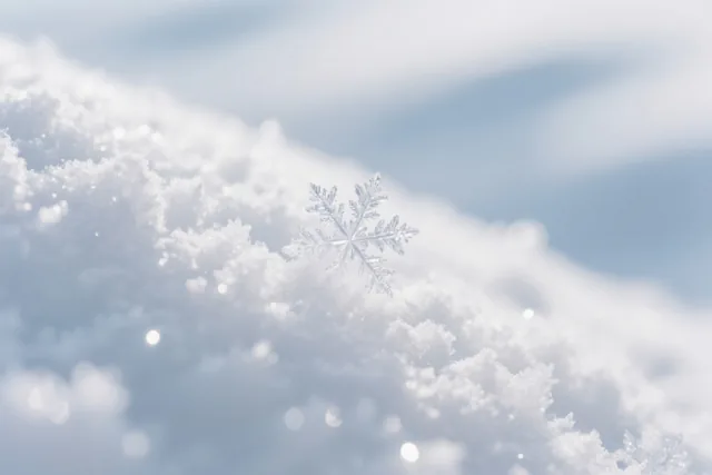 Een fijne sneeuwvlok ligt op een hoopje verse sneeuw, van dichtbij gefotografeerd tegen een onscherpe lichtblauwe en witte achtergrond.