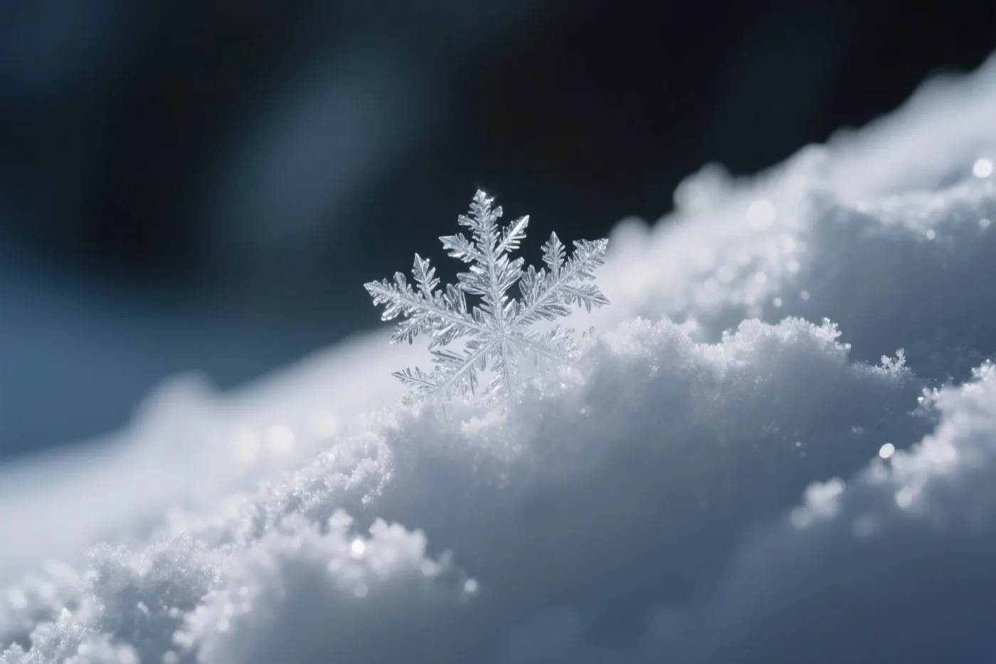 Een gedetailleerde sneeuwvlok ligt op een hoopje verse sneeuw tegen een donkere, onscherpe achtergrond in een detailopname met koele blauwe en witte tinten.