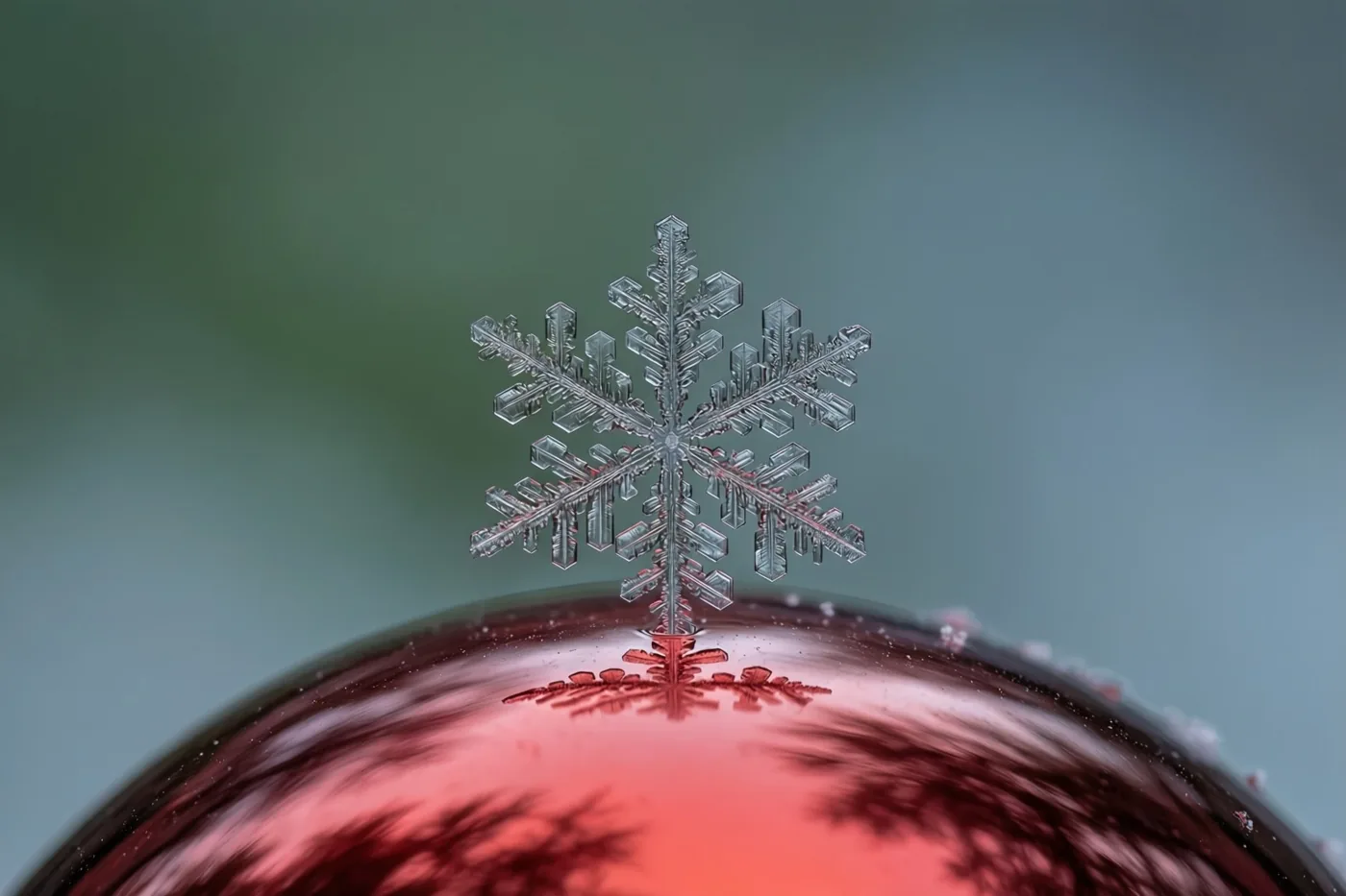 Een fijne sneeuwvlok ligt op een glanzende rode glazen kerstbal, tegen een zacht vervaagde achtergrond in groen en blauw.