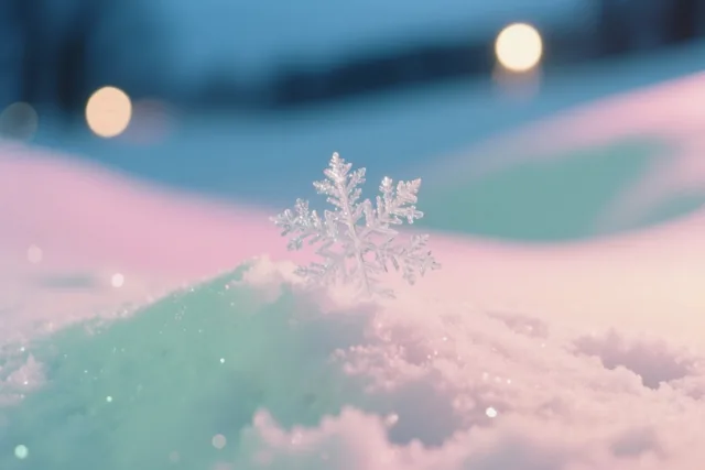 Een fijne sneeuwvlok ligt op verse sneeuw, van dichtbij gefotografeerd tegen een onscherpe achtergrond met lichtvlekken in pastelblauw, roze en blauwgroen.