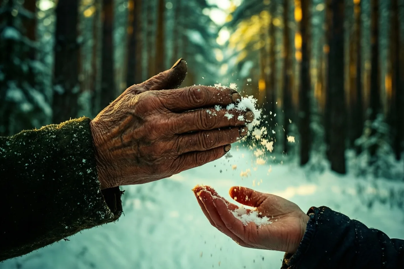 Een gerimpelde hand van een oudere persoon en een kleinere kinderhand vangen sneeuwvlokken in een besneeuwd dennenbos met blauwe en witte tinten en gouden zonlicht tussen de bomen.