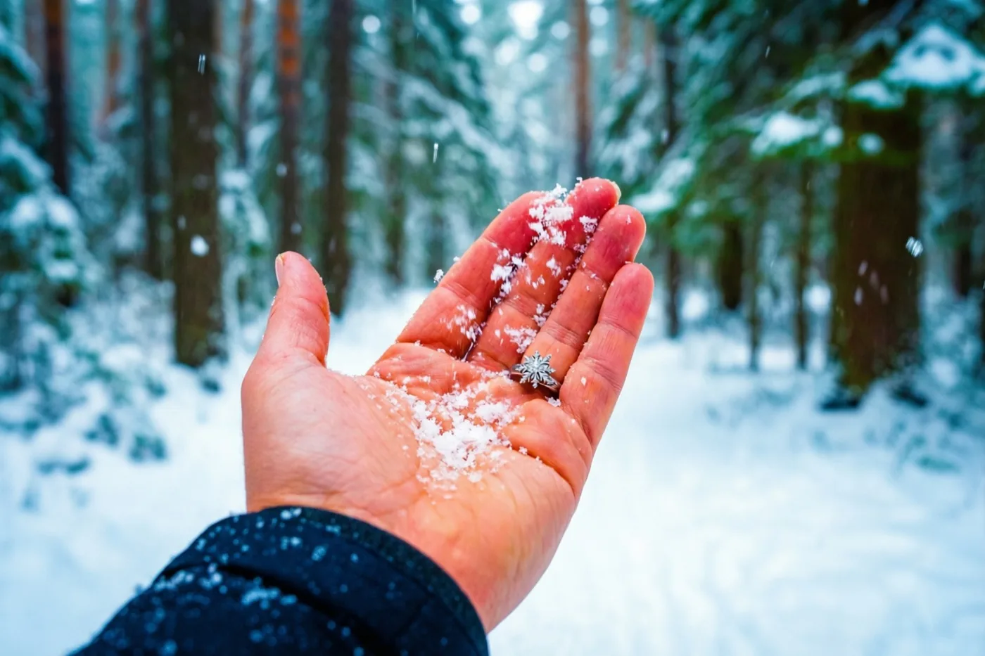 Een komvormig geopende hand met een verlovingsring in de vorm van een sneeuwvlok vangt vallende sneeuw in een bos in blauwe en witte tinten.