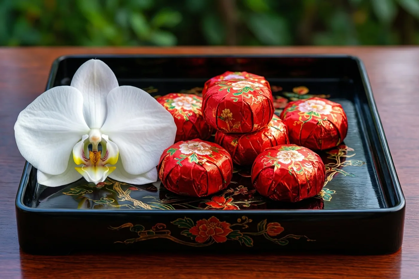 Een zwart gelakt dienblad met gouden bloempatronen draagt rood verpakte snoepjes en een witte orchidee op een houten ondergrond, met onscherp groen erachter.