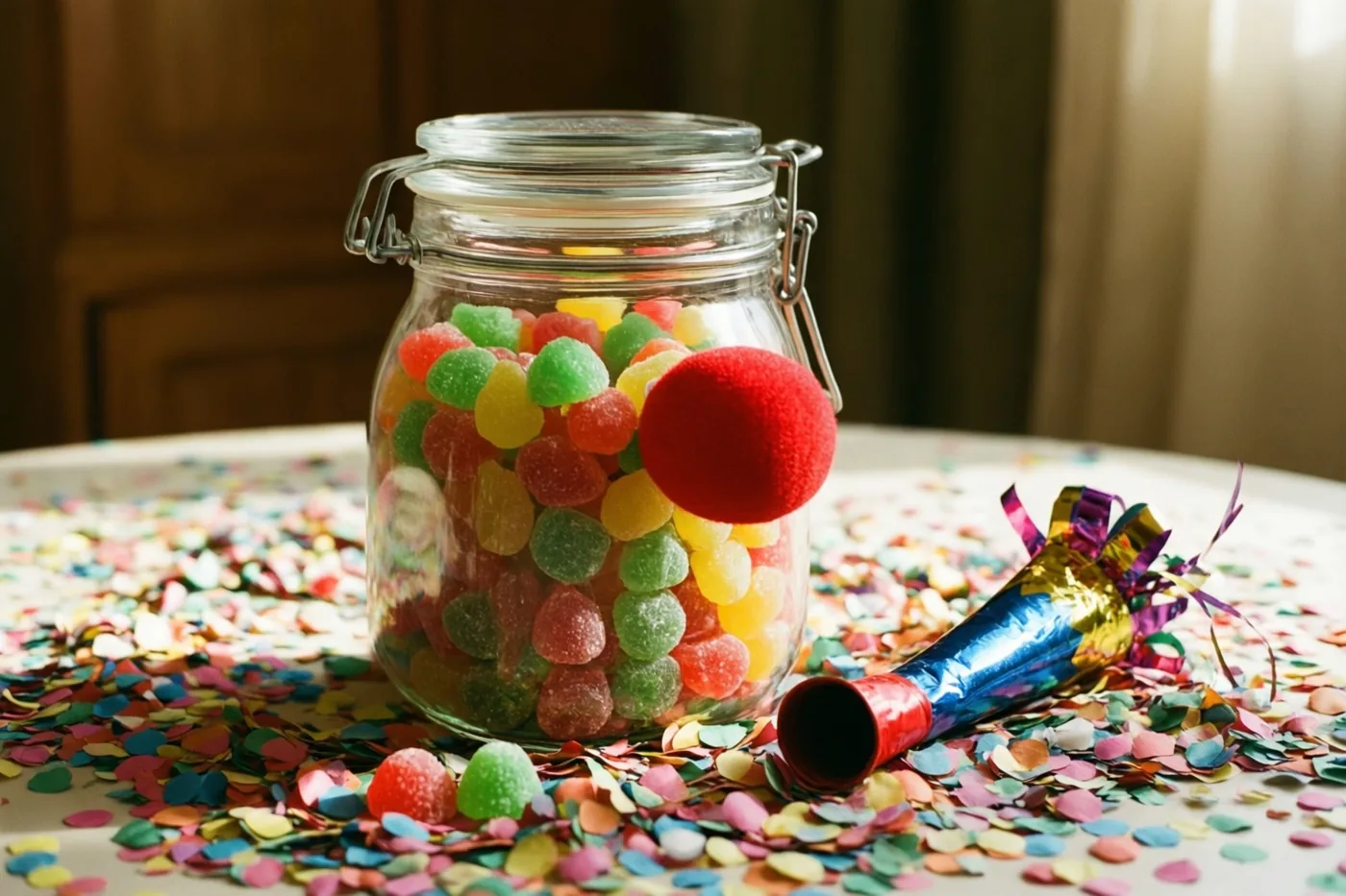 Een glazen pot met gekleurde gummisnoepjes staat op een tafel vol confetti naast een rode clownsneus en een blauw-gouden roltong.
