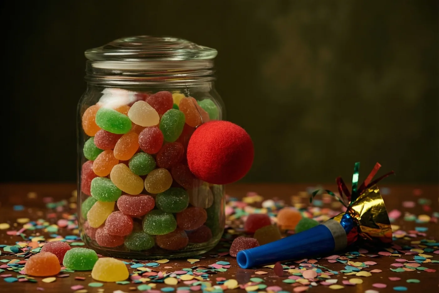 Een glazen pot met kleurrijke gummisnoepjes staat op een houten tafel met confetti naast een rode clownsneus en een blauwe roltong, tegen een donkere achtergrond.