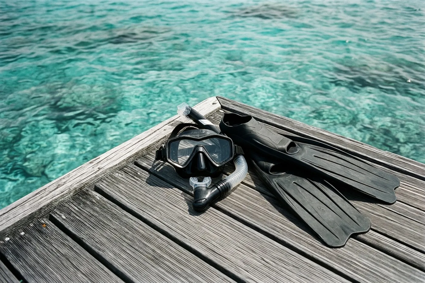 Een zwart snorkelmasker en zwemvliezen liggen op een verweerde houten steiger boven helder turquoise water.